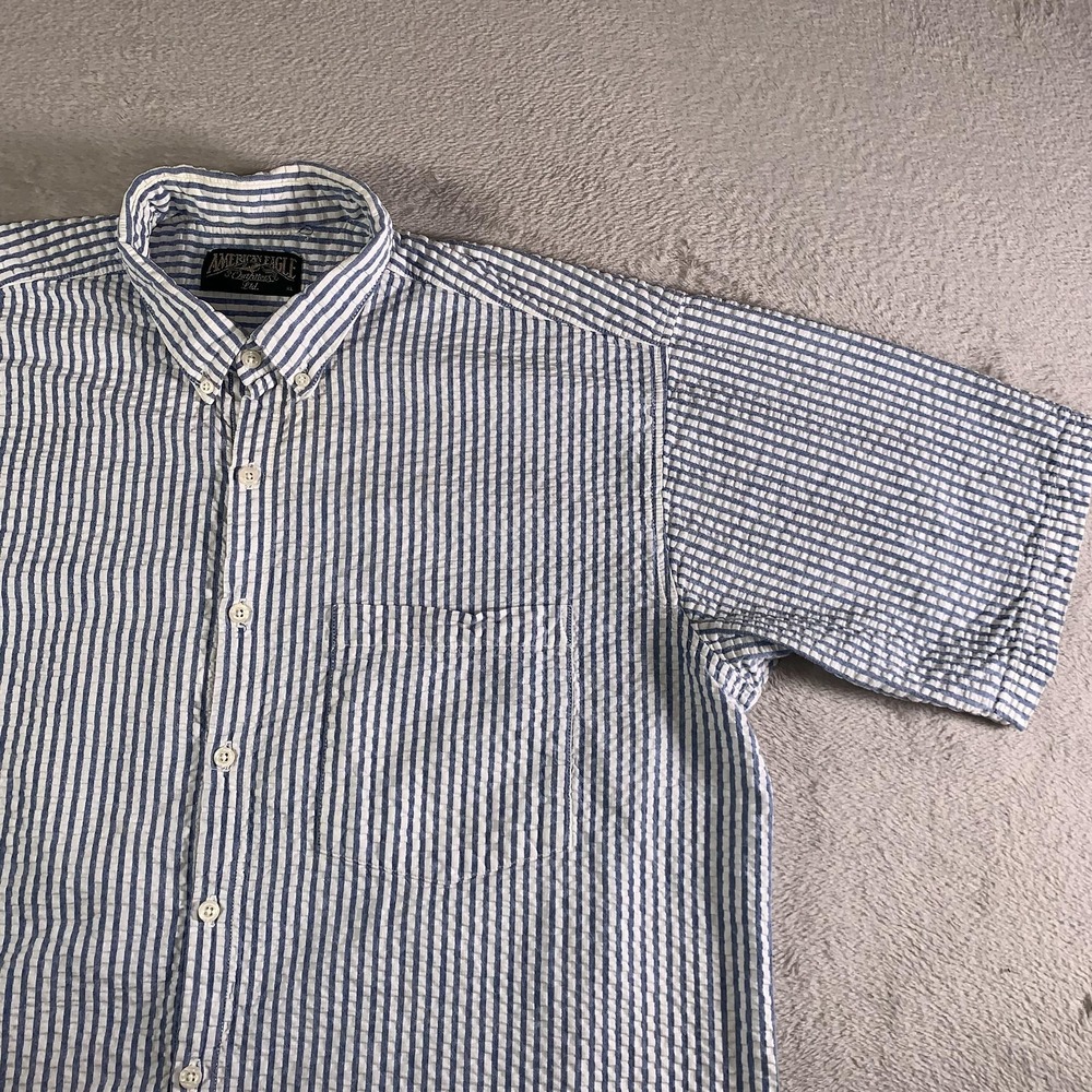 Vintage American Eagle Shirt Mens XL Blue Short Sleeve Seersucker Pinstripe